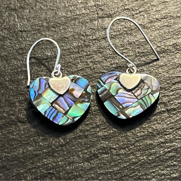 Abalone Shell Sterling Silver 925 Heart French Hook Earrings - Picture 5 of 13
